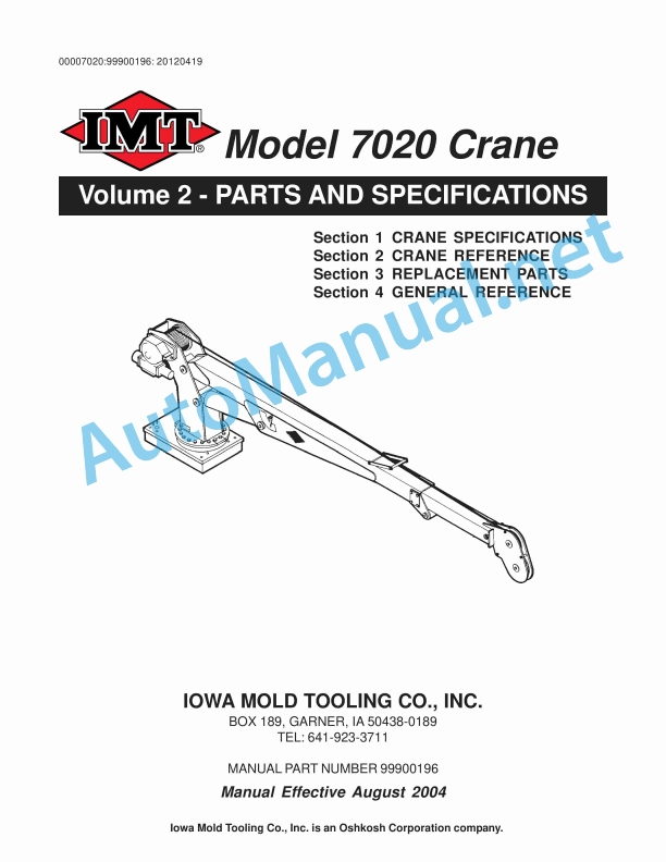 IMT Model 7020 Crane Parts and Specifications 99900196 August 2004