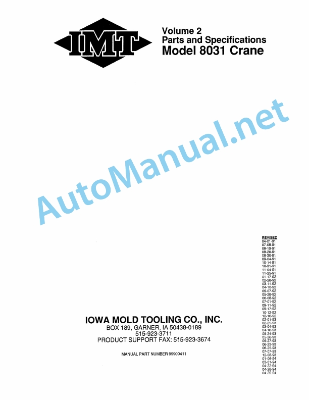 IMT Model 8031 Crane Parts and Specifications 9900411 04-29-94
