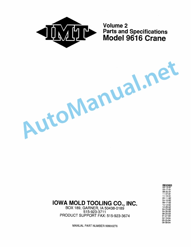 IMT Model 9616 Crane Parts and Specifications 9900276 1 IMT Model 9616 Crane Parts and Specifications 9900276