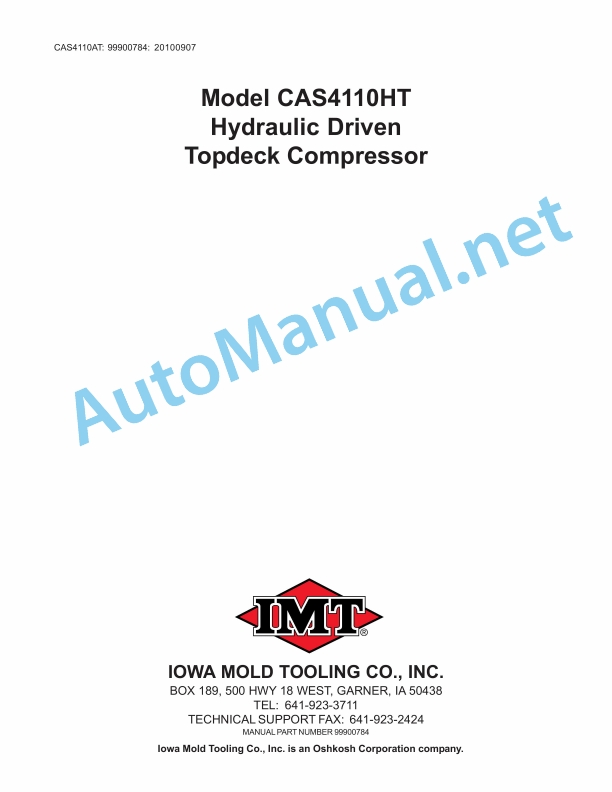 IMT Model CAS4110HT Hydraulic Driven Topdeck Compressor 99900784 20100907