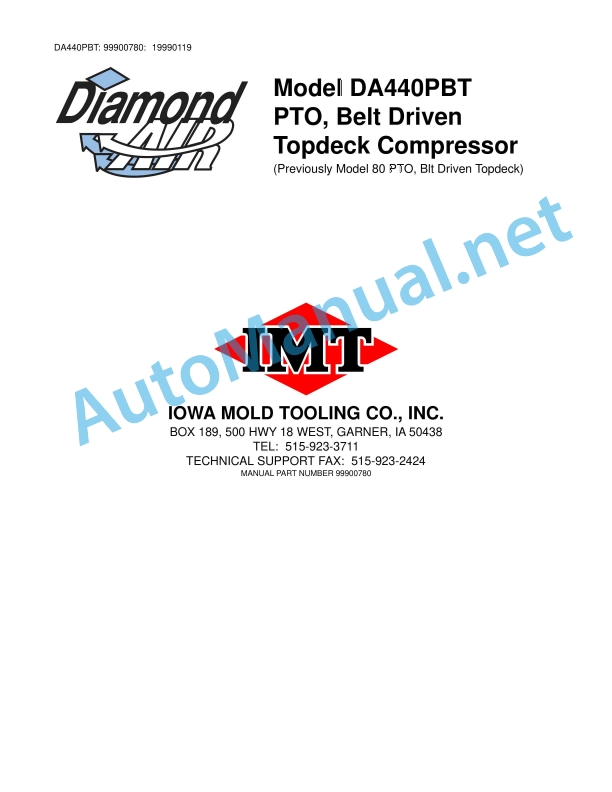 IMT Model DA440PBT PTO, Belt Driven Topdeck Compressor Technical Support Fax 99900780