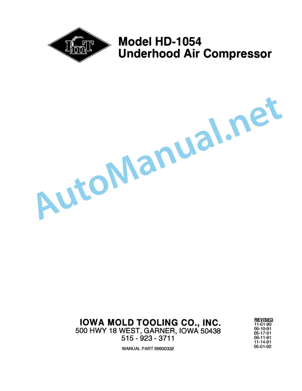 IMT Model HD-1054 Underhood Air Compressor 99900332 05-01-92