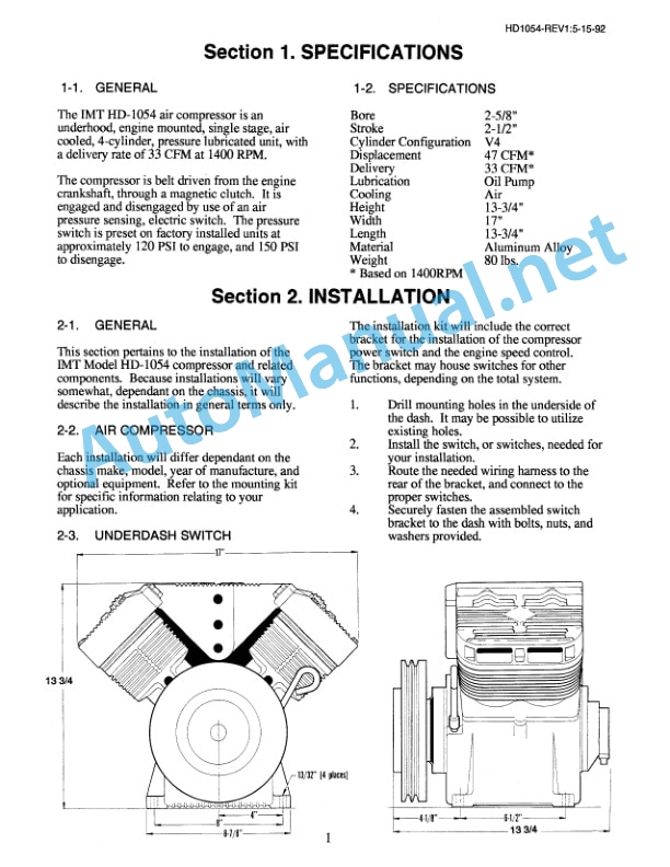 Alternative view of IMT Model HD-1054 Underhood Air Compressor 99900332 05-01-92