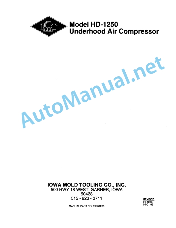 IMT Model HD-1250 Underhood Air Compressor 99901250 Revised 03-10-92 and 05-01-92