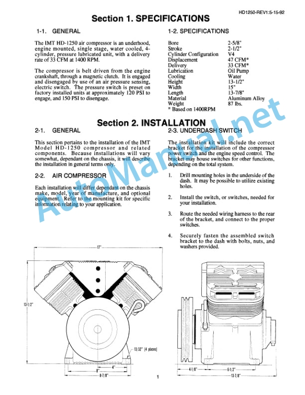 Alternative view of IMT Model HD-1250 Underhood Air Compressor 99901250 Revised 03-10-92 and 05-01-92