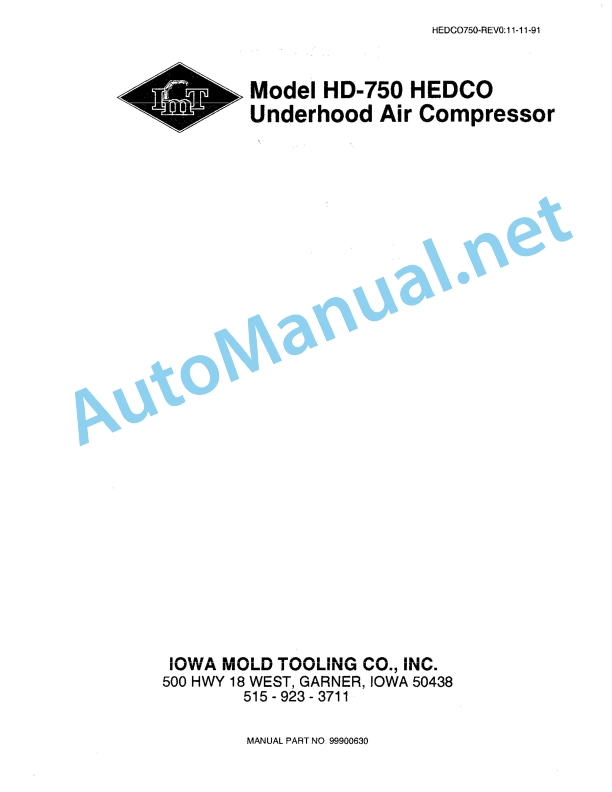 IMT Model HD-750 HEDCO Underhood Air Compressor HEDCO750-REV0-11-1-91