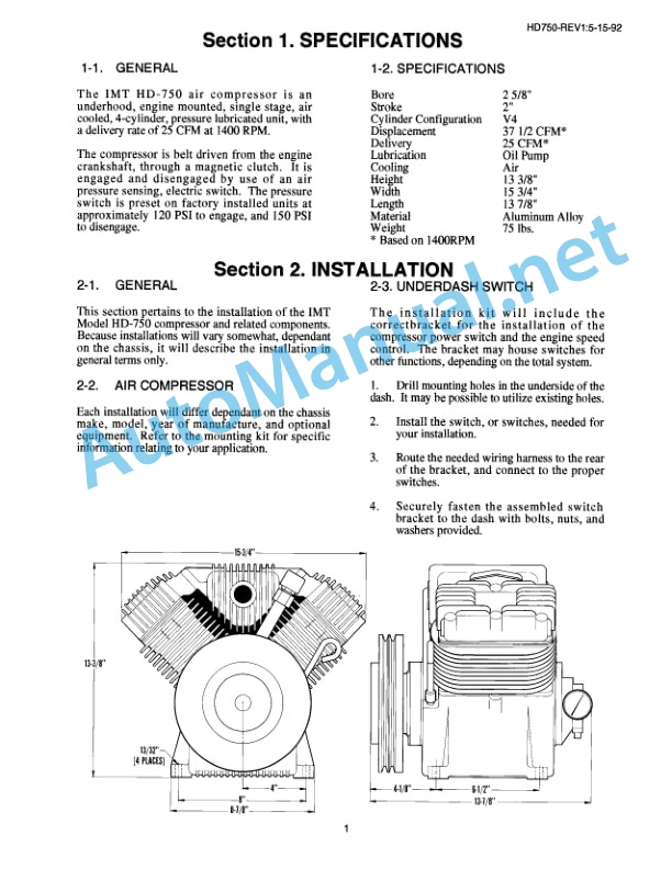 Alternative view of IMT Model HD-750 Underhood Air Compressor 99900750 199011