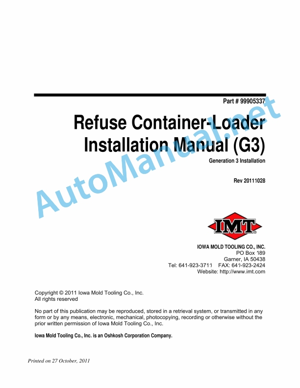 IMT Refuse Container-Loader (G3) Installation Manual 99095337 October 27, 2011