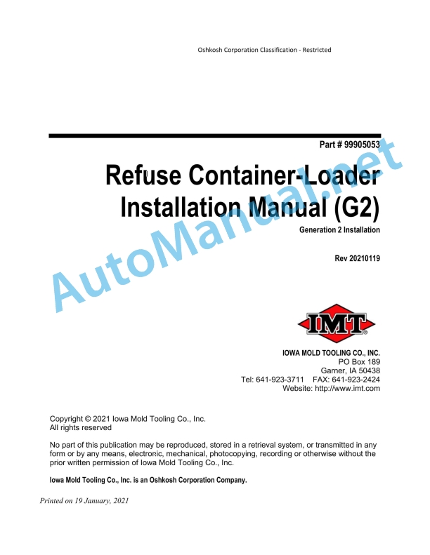 IMT Refuse Container-Loader Generation 2 Installation Manual 99905053 20210119