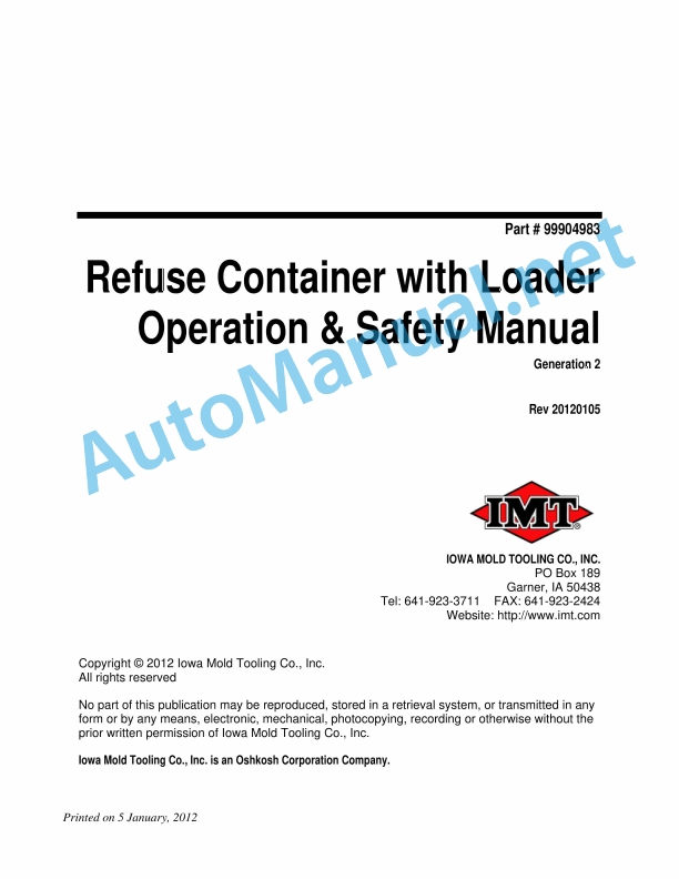 IMT Refuse Container with Loader Generation 2 Operation and Safety Manual 9904983 5 January, 2012