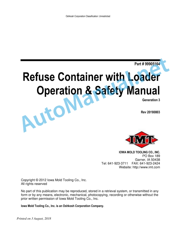 IMT Refuse Container with Loader Generation 3 Operation and Safety Manual 9905164 Rev 20180803