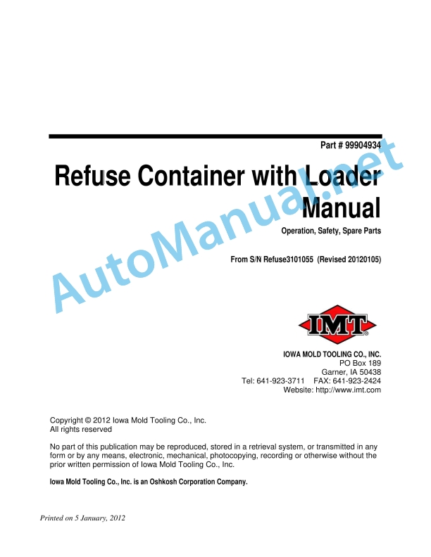 IMT Refuse Container with Loader Operation, Safety, Spare Parts 99904934 5 January, 2012