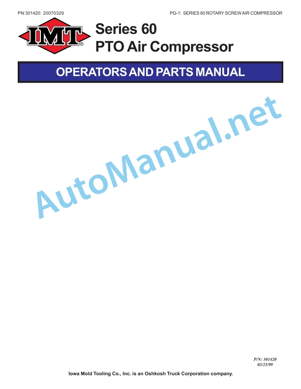 IMT Series 60 PTO Air Compressor OPERATORS AND PARTS Manual 301420 32399