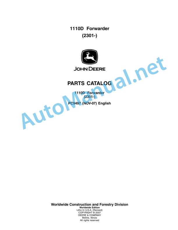 John Deere 1110D Forwarder Parts Catalog PC9497 November 2007