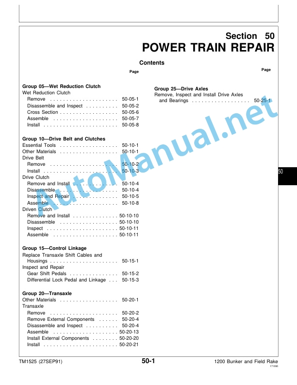 Alternative view of John Deere 1200 Bunker and Field Rake Technical Manual TM1525 (27SEP91) September 27, 1991