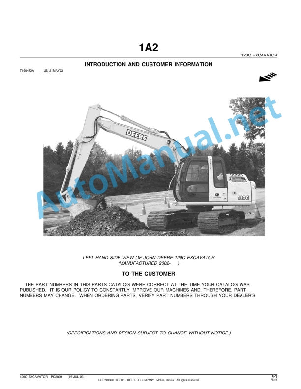 John Deere 120C Excavator Introduction and Customer Information T190482A 16-Jul-03