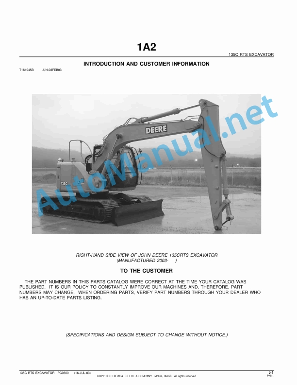 John Deere 135C RTS Excavator Introduction and Customer Information T164945B