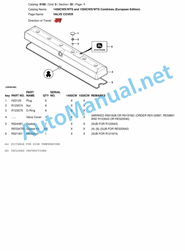 John Deere 1450CWS WTS and 1550CWS WTS Combines (European Edition) Parts Catalog 9186 1 John Deere 1450CWS WTS and 1550CWS WTS Combines (European Edition) Parts Catalog 9186