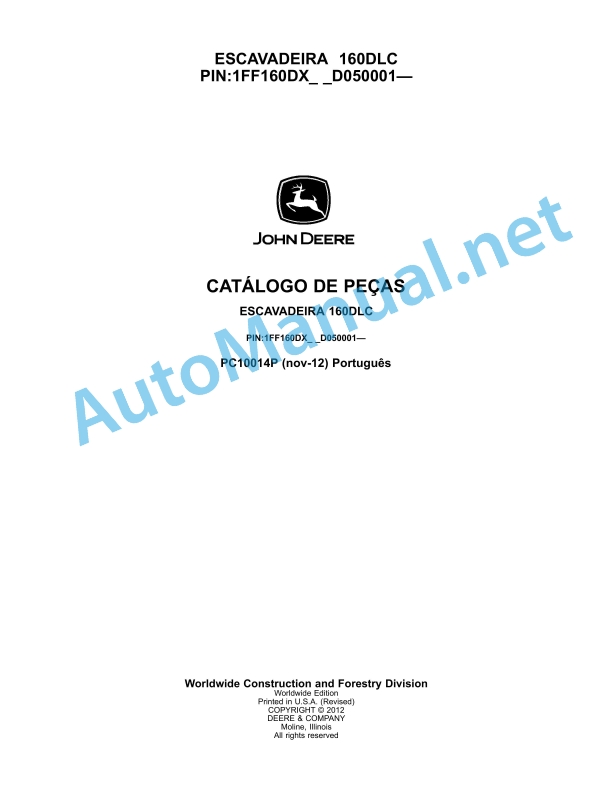 John Deere 160DLC Excavator Parts Catalog PC10014P Nov-12 Portuguese
