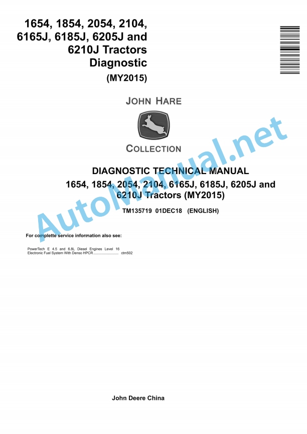John Deere 1654, 1854, 2054, 2104, 6165J, 6185J, 6205J and 6210J Tractors Technical Manual TM135719 01DEC18 1 John Deere 1654, 1854, 2054, 2104, 6165J, 6185J, 6205J and 6210J Tractors Technical Manual TM135719 01DEC18