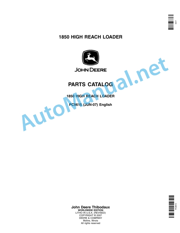 John Deere 1850 High Reach Loader Parts Catalog PC9615 June 2007