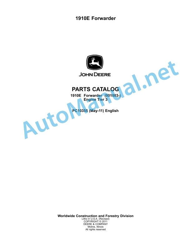 John Deere 1910E Forwarder Parts Catalog PC10355 May-11