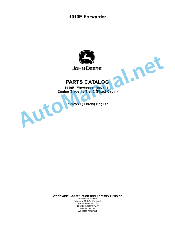 John Deere 1910E Forwarder Parts Catalog PC12580 Jun-15
