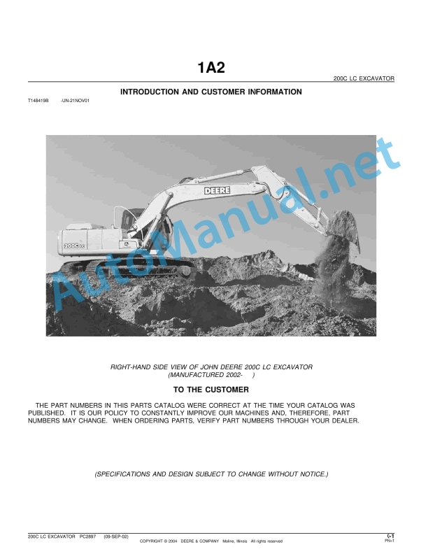 John Deere 200C LC EXCAVATOR Parts Catalog PC2897 (09-SEP-02)