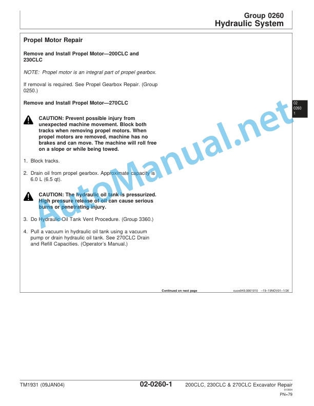 Alternative view of John Deere 200CLC, 230CLC, and 270CLC Excavator Repair Technical Manual TM1931 09JAN04