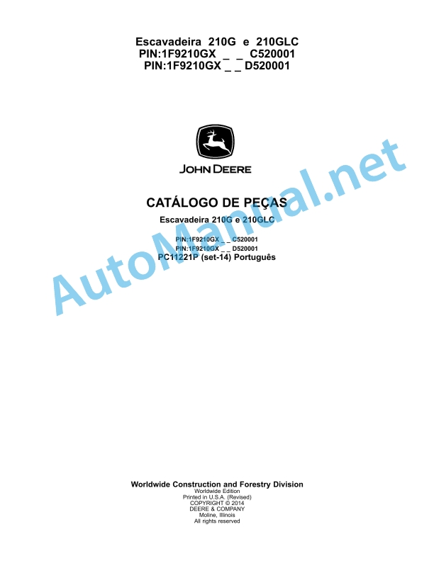 John Deere 210G and 210GLC Excavators Parts Catalog PC11221P (set-14) 2014 Portuguese