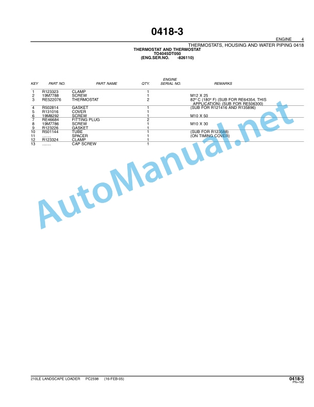 Alternative view of John Deere 210LE Landscape Loader Parts Catalog PC2598 Nov-06
