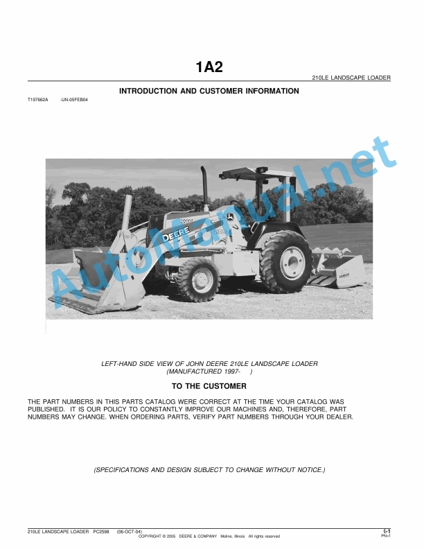 John Deere 210LE Landscape Loader Parts Catalog PC2598 October 6, 2004