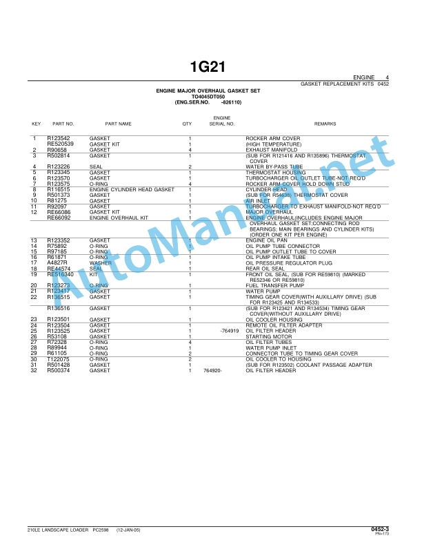 Alternative view of John Deere 210LE Landscape Loader Parts Catalog PC2598 October 6, 2004