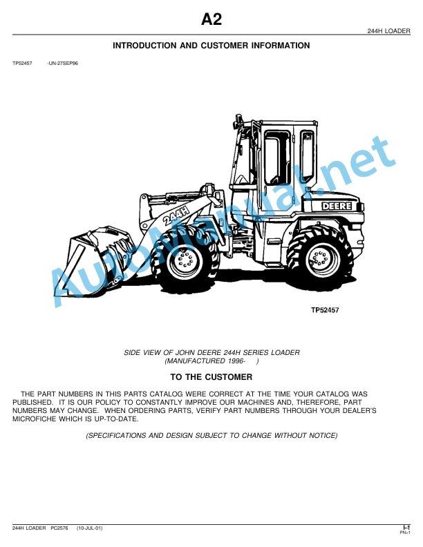 John Deere 244H Loader Introduction and Customer Information TP52457