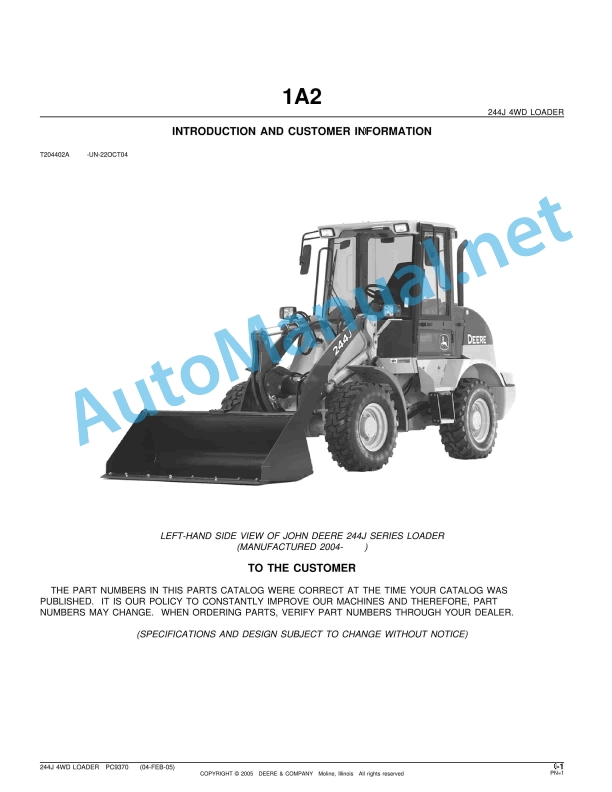 John Deere 244J 4WD Loader Parts Catalog PC9370 04-Feb-05