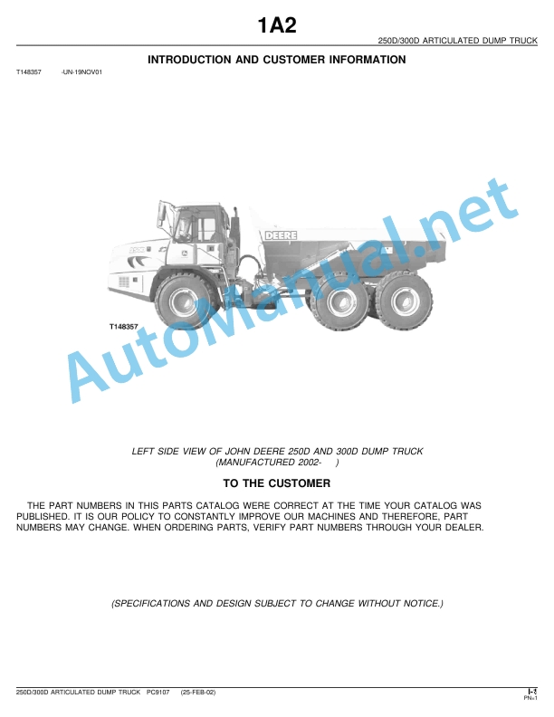 John Deere 250D 300D Articulated Dump Truck Parts Catalog PC9107 25-Feb-02