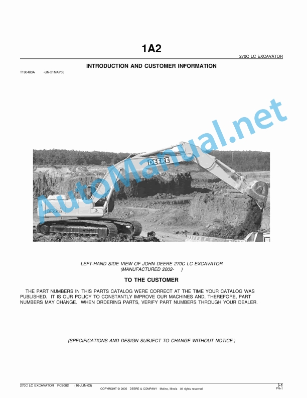 John Deere 270C LC Excavator Parts Catalog PC9082 June 2003