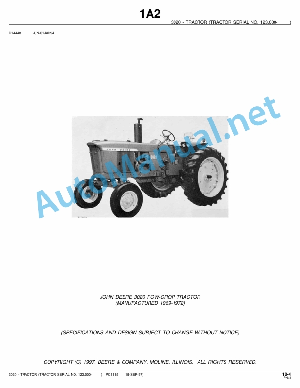John Deere 3020 Row-Crop Tractor Parts Catalog PC1115 19-Sep-97