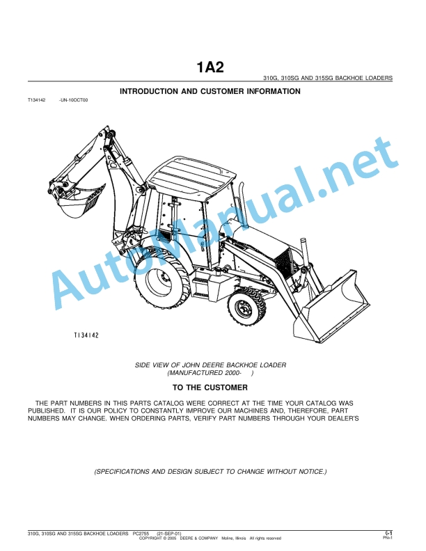 John Deere 310G, 310SG and 315SG Backhoe Loaders Parts Catalog PC2755 21-SEP-01