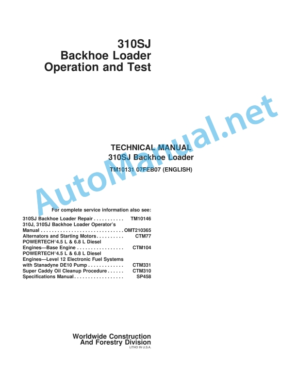 John Deere 310SJ Backhoe Loader Technical Manual TM10131 07FEB07