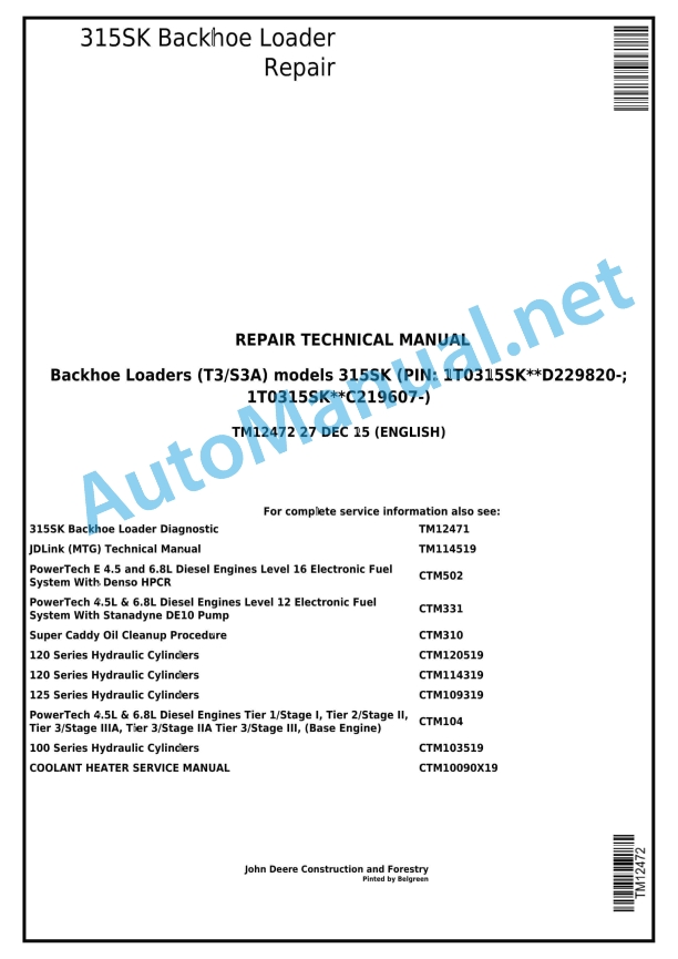 John Deere 315SK Backhoe Loader Technical Manual TM12427 27 DEC 15