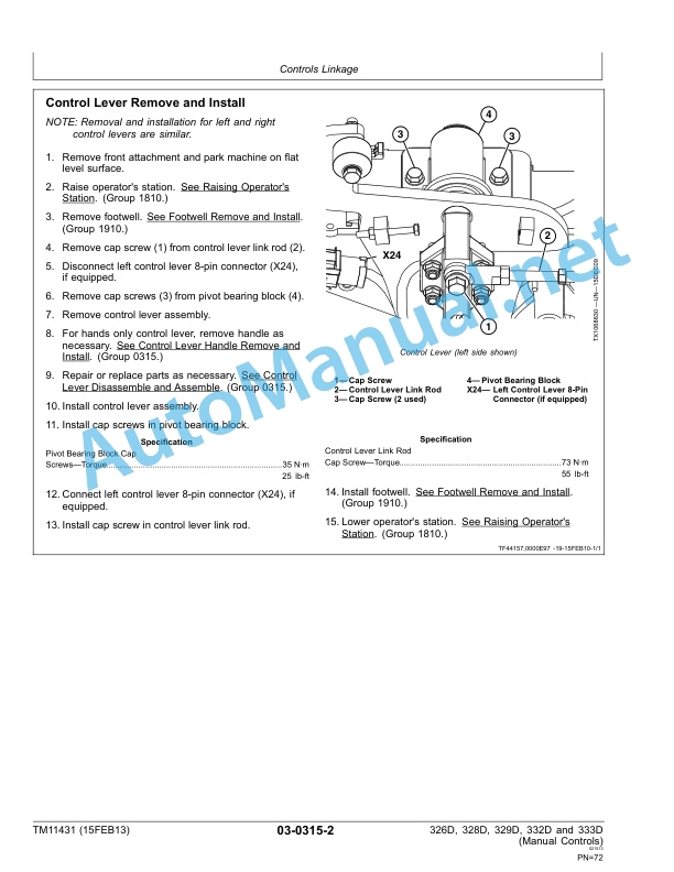 Alternative view of John Deere 326D, 328D, 329D, 332D and 333D Skid Steer Loader Repair (Manual Controls) Technical Manual TM11431 15FEB13