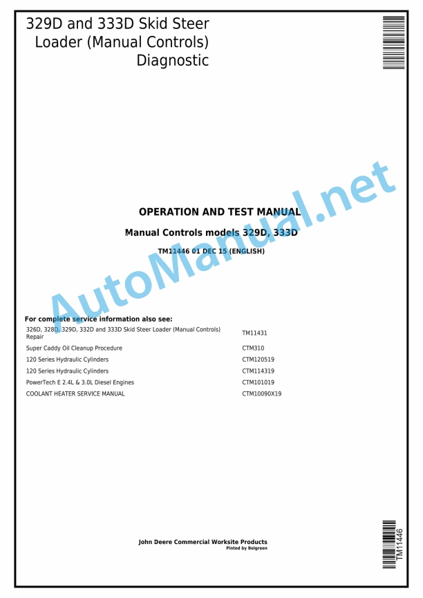 John Deere 329D and 333D Skid Steer Loader (Manual Controls) Technical Manual TM11446 December 1, 2015