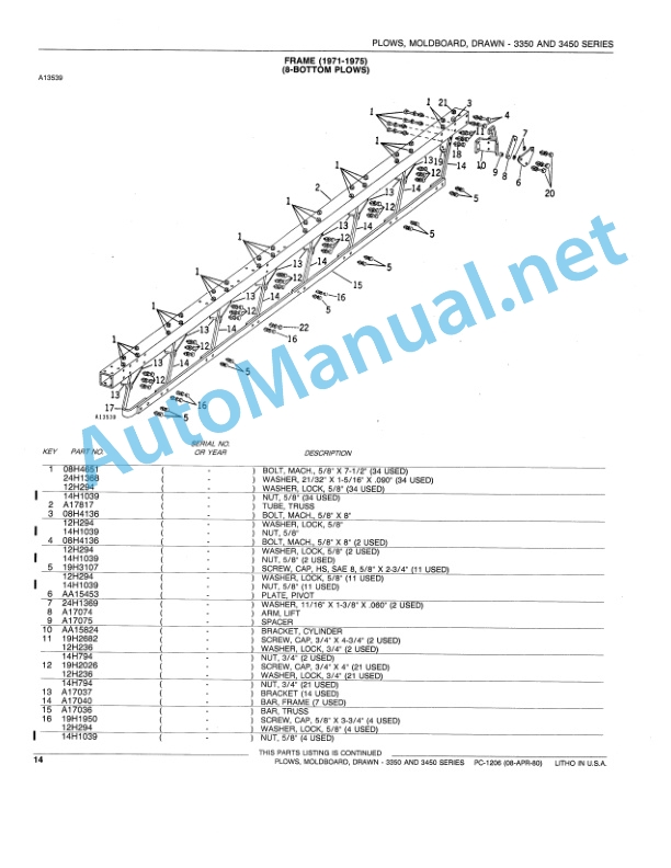 Alternative view of John Deere 3350 and 3450 Series Drawn Moldboard Plows Parts Catalog PC1206