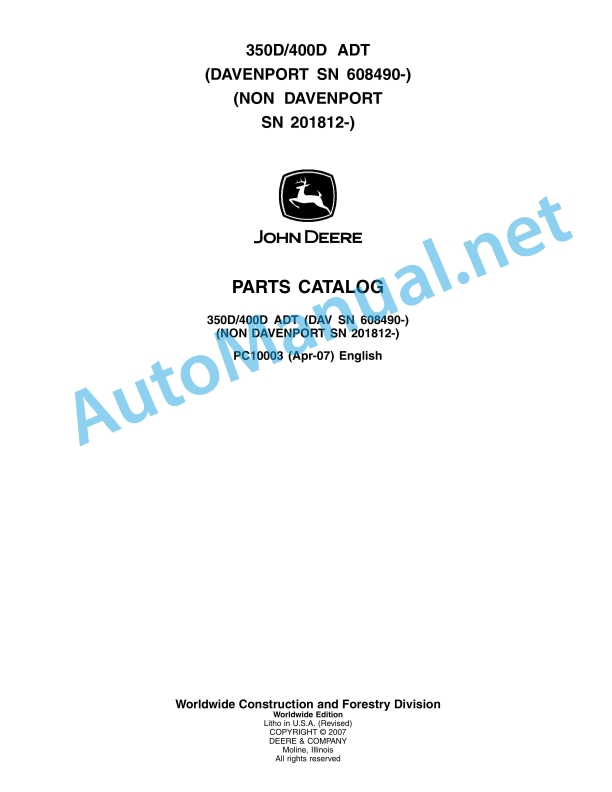 John Deere 350D 400D ADT Parts Catalog PC10003 Apr-07