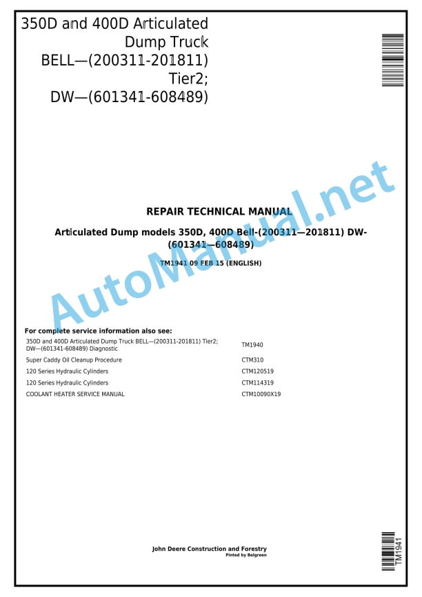 John Deere 350D and 400D Articulated Dump Truck Technical Manual TM1941 09 Feb 15