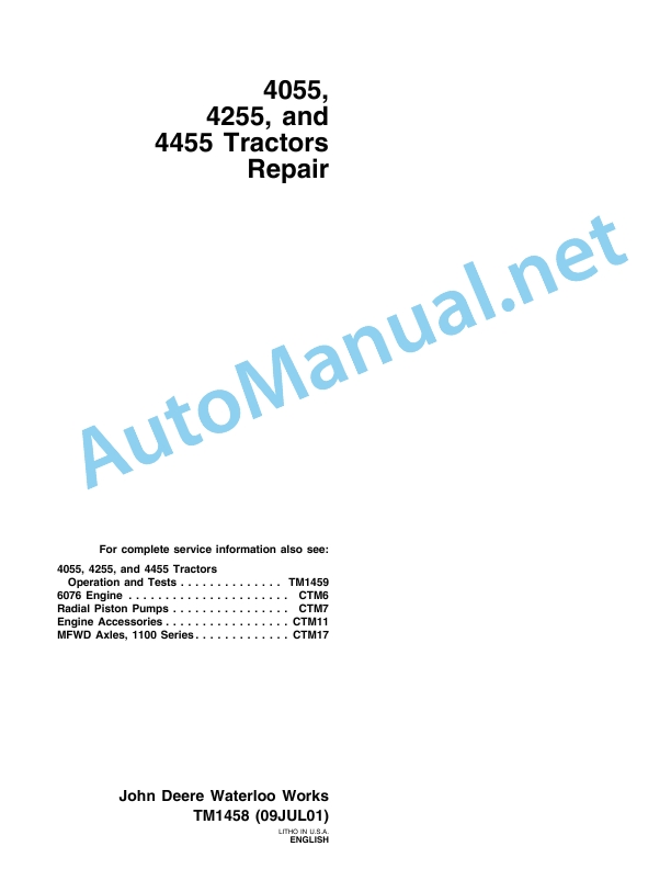 John Deere 4055, 4255, and 4455 Tractors Technical Manual TM1458 09JUL01