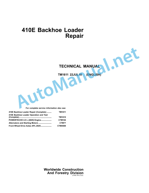 John Deere 410E Backhoe Loader Repair Technical Manual TM1611 22 July 2010