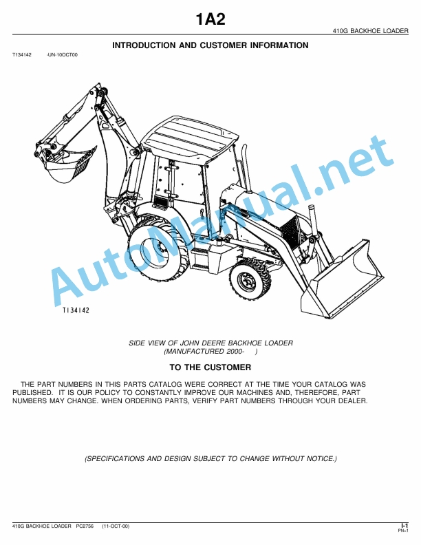 John Deere 410G BACKHOE LOADER INTRODUCTION AND CUSTOMER INFORMATION PC2756 11-Oct-00