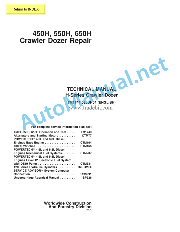 John Deere 450H, 550H, 650H Crawler Dozer Repair Technical Manual TM1744 08 Jun 2004
